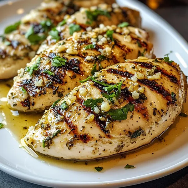 Chicken with herbs on a plate.