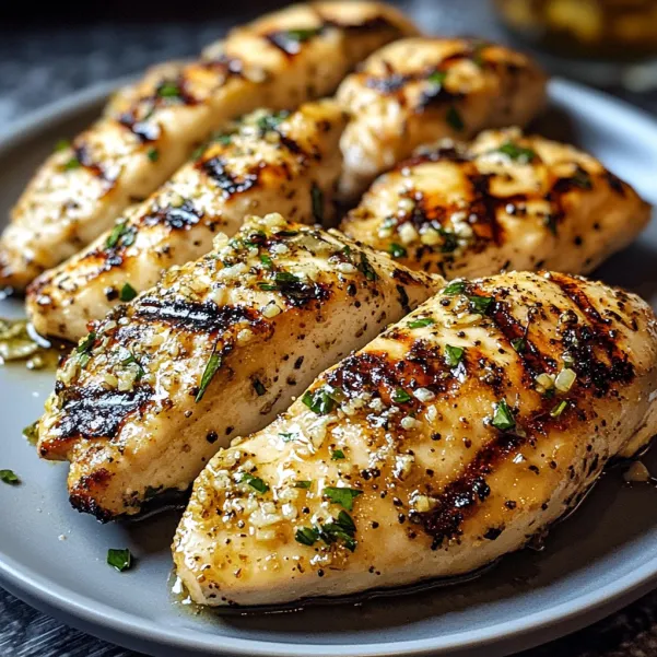 A plate of grilled chicken with herbs.