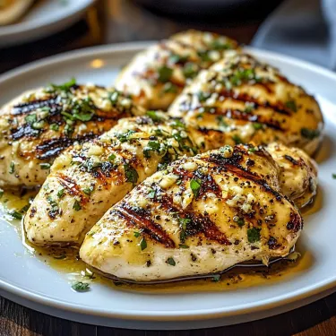 A plate of grilled chicken with herbs on it.