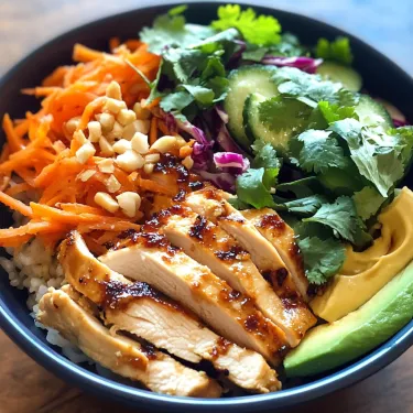 A bowl of food with chicken, vegetables, and rice.