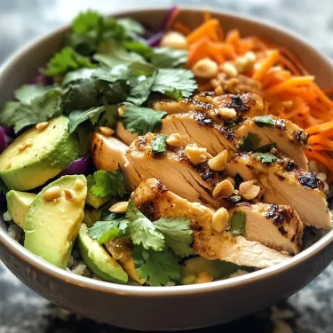 A bowl of food with chicken, avocado, and carrots.