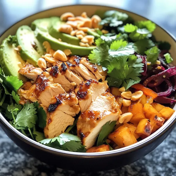 A bowl of food with chicken, avocado, and nuts.