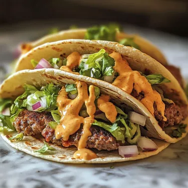 Two tacos with lettuce and sauce.