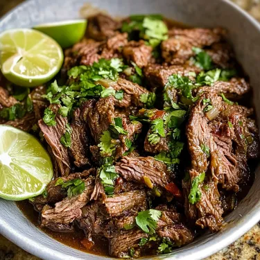 A bowl of beef with limes and green onions.
