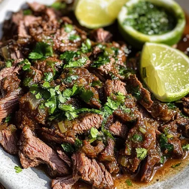 A plate of meat with lime wedges and a green sauce.