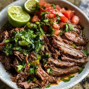 A bowl of meat with tomatoes and limes.