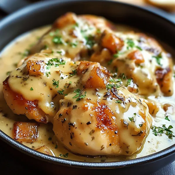 A pan of food with chicken and sauce.