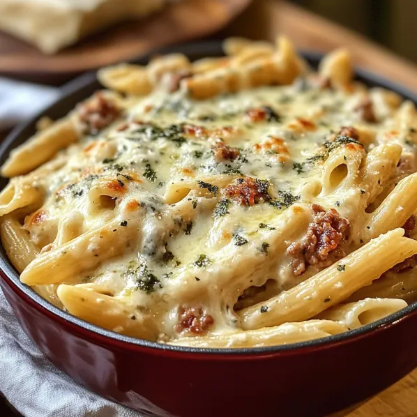 A bowl of pasta with cheese and meat.