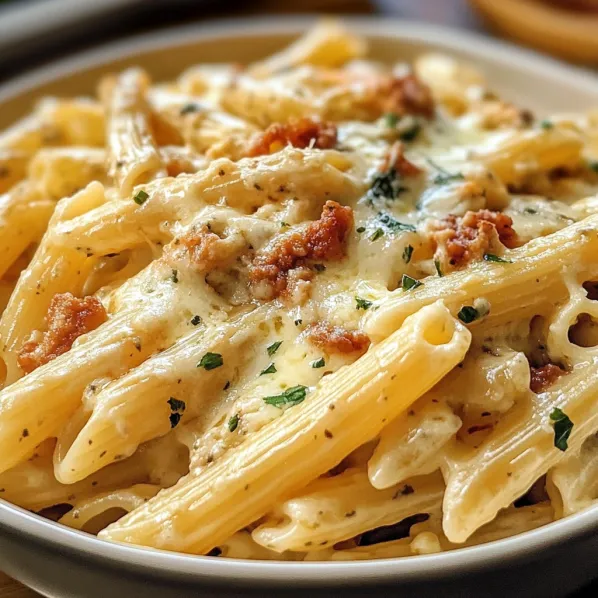 A bowl of pasta with cheese and bacon.