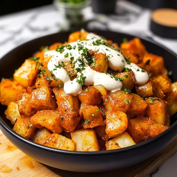 A bowl of food with a white sauce on top.