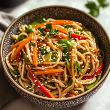 A bowl of noodles with vegetables.
