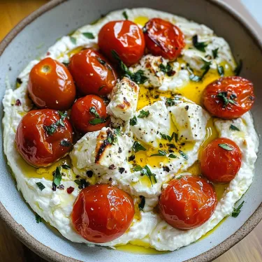 A bowl of food with tomatoes and cheese.