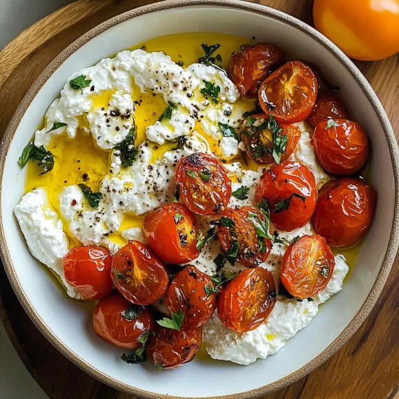 A bowl of food with tomatoes and cheese.