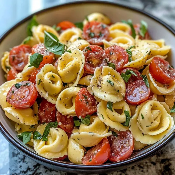A bowl of pasta with tomatoes and basil.