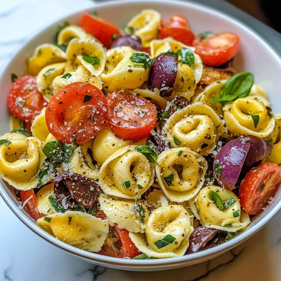 A bowl of pasta with tomatoes, olives, and basil.