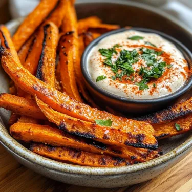 A bowl of roasted carrots with a dip.