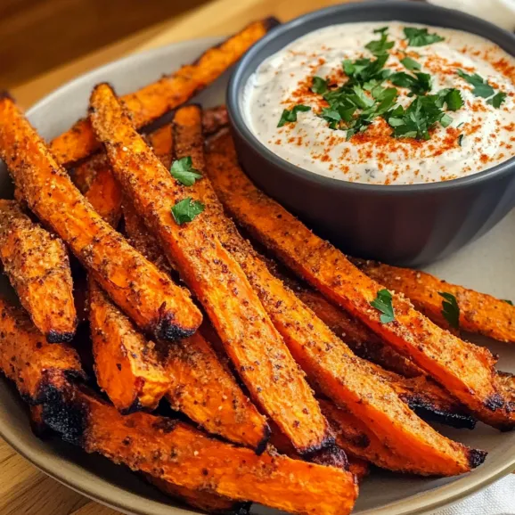 A plate of roasted carrots with a bowl of dip.