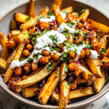 A bowl of food with chickpeas and french fries.
