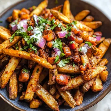 A bowl of fries with cheese and onions.