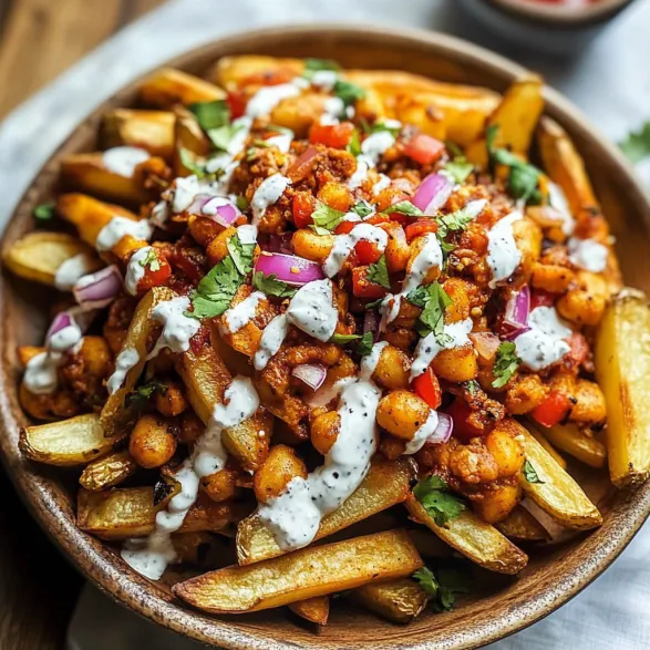 A bowl of fries with white sauce.