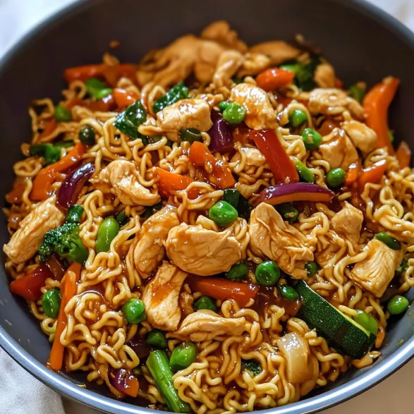 A bowl of chicken and vegetables.