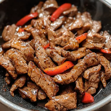 A bowl of meat with peppers.