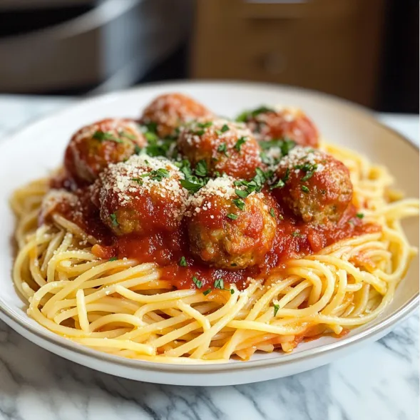 A plate of spaghetti with meatballs.