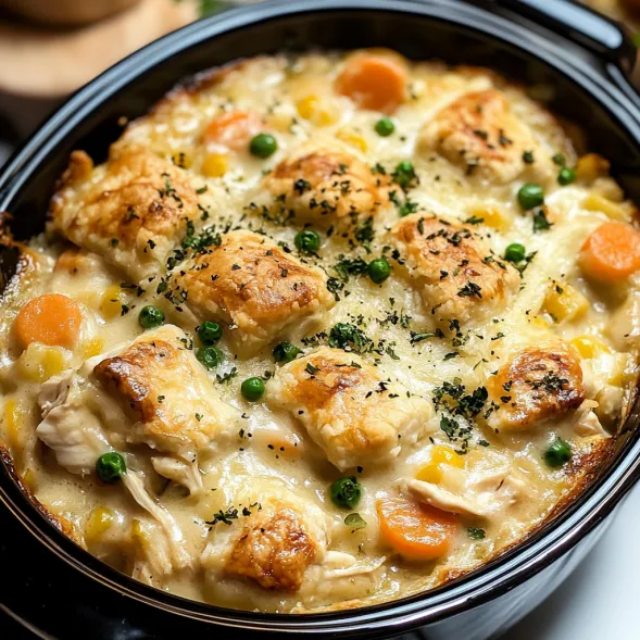 A bowl of food with chicken, peas and carrots.