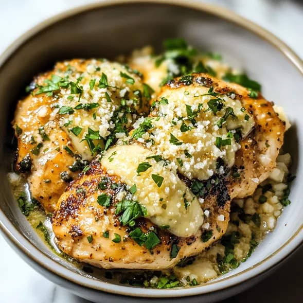 A bowl of chicken with cheese and herbs.