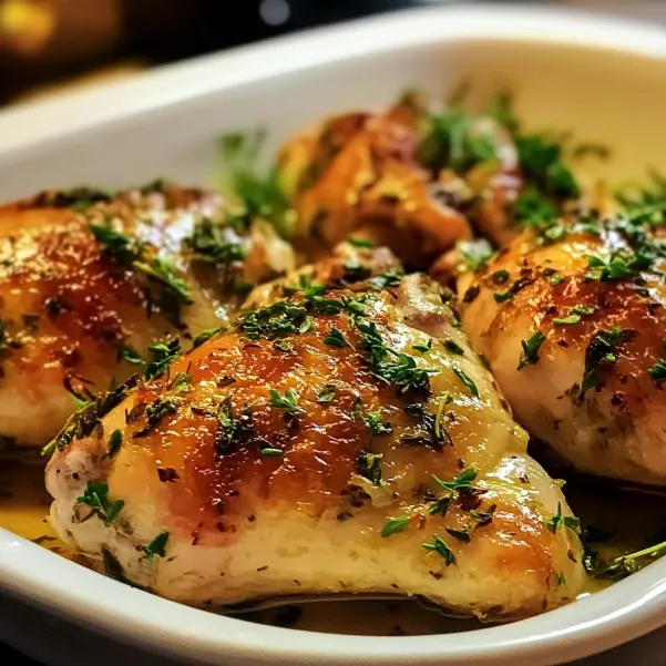A plate of chicken with herbs on top.