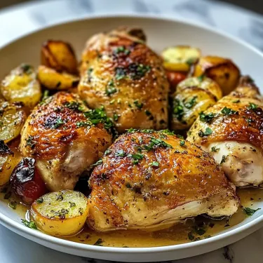 A plate of chicken and potatoes.