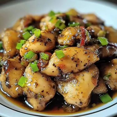 A plate of food with chicken and green peppers.