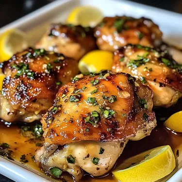 A plate of chicken with lemon and herbs.