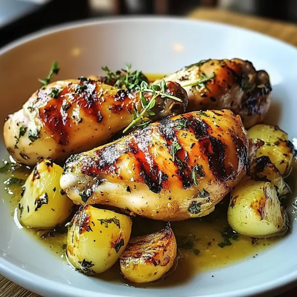 Chicken with potatoes and herbs.