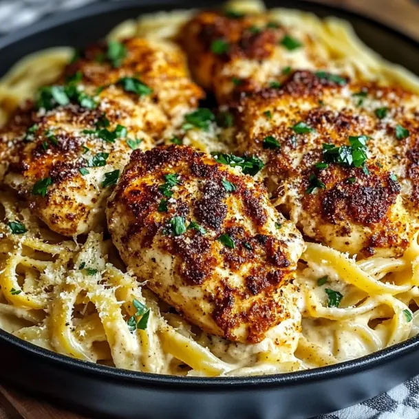A plate of chicken and pasta.