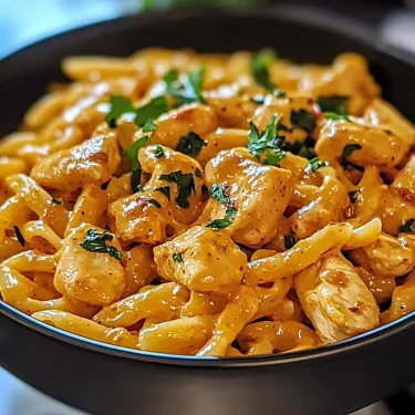 A bowl of pasta with chicken and vegetables.