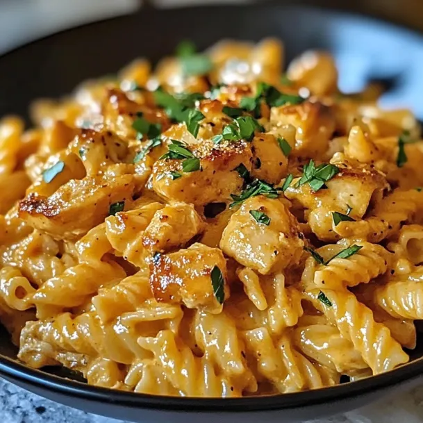 A bowl of pasta with chicken and herbs.