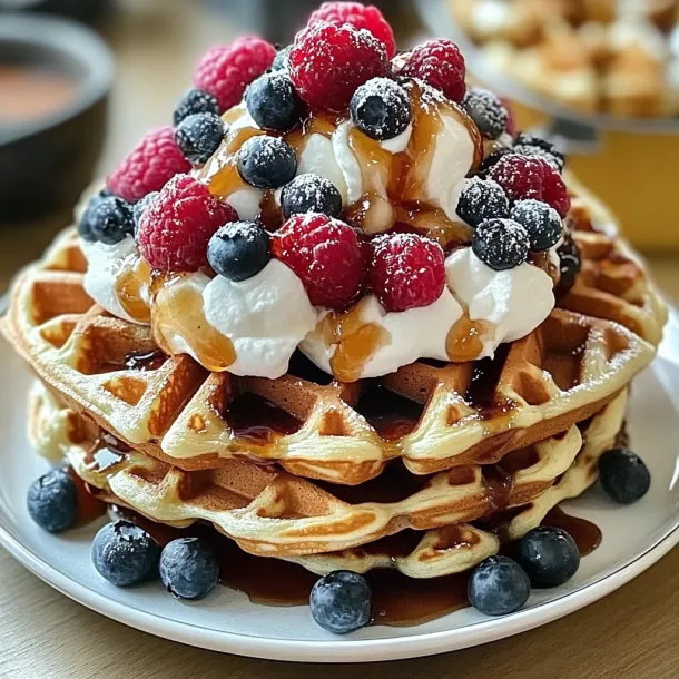 A stack of waffles with blueberries and whipped cream.