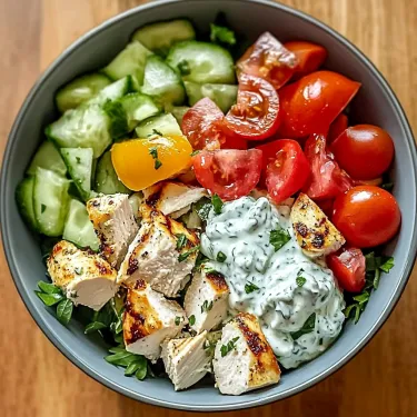 A bowl of food with chicken, tomatoes, cucumbers, and a white sauce.