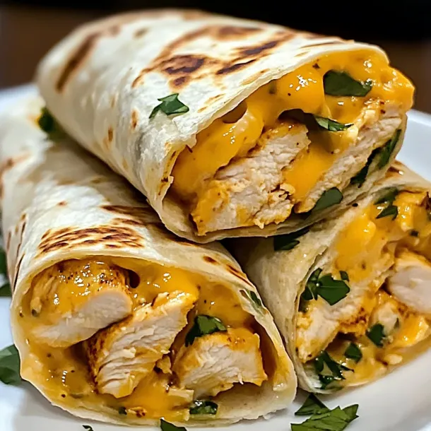 A plate of chicken burritos with cheese.