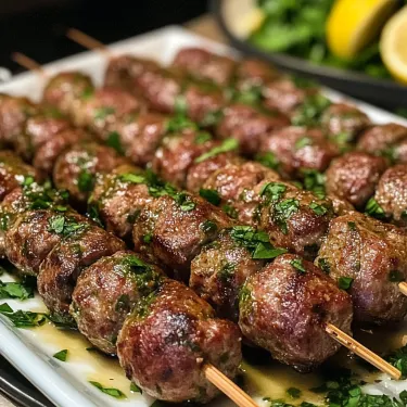 Skewers of meat with herbs and lemon wedges.