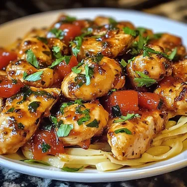 A plate of chicken and tomatoes.