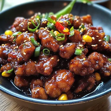 A bowl of chicken with green onions and red peppers.