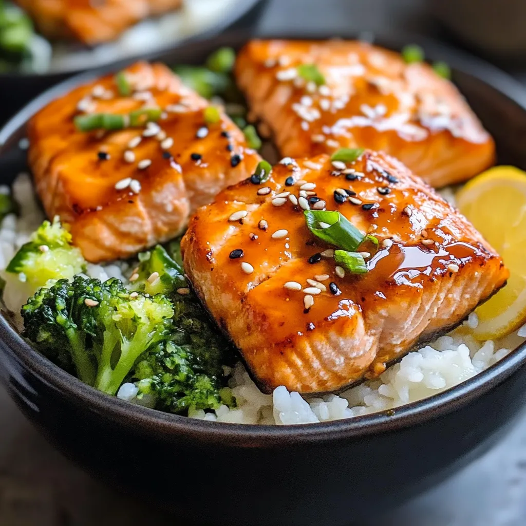 A bowl of food with salmon and broccoli.