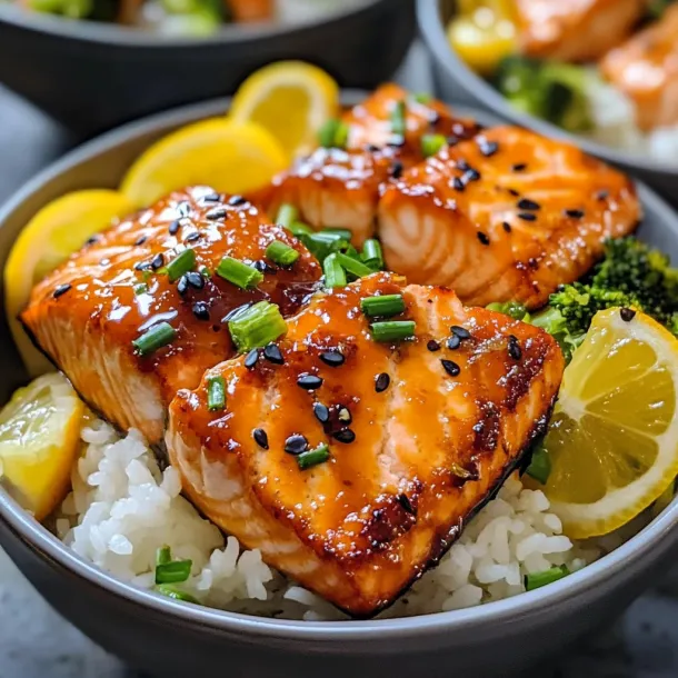 A bowl of food with fish and broccoli.