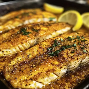 Fish in a pan with lemon slices.