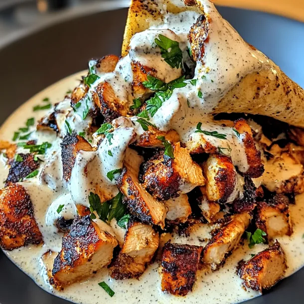 A plate of food with a white sauce on top.