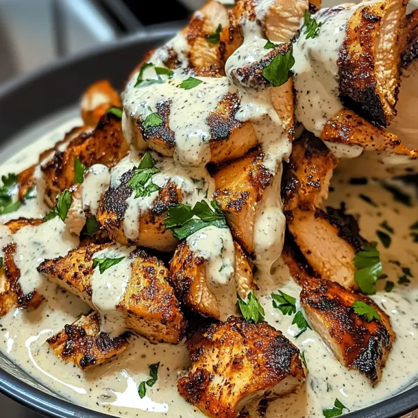 A bowl of chicken with sauce.