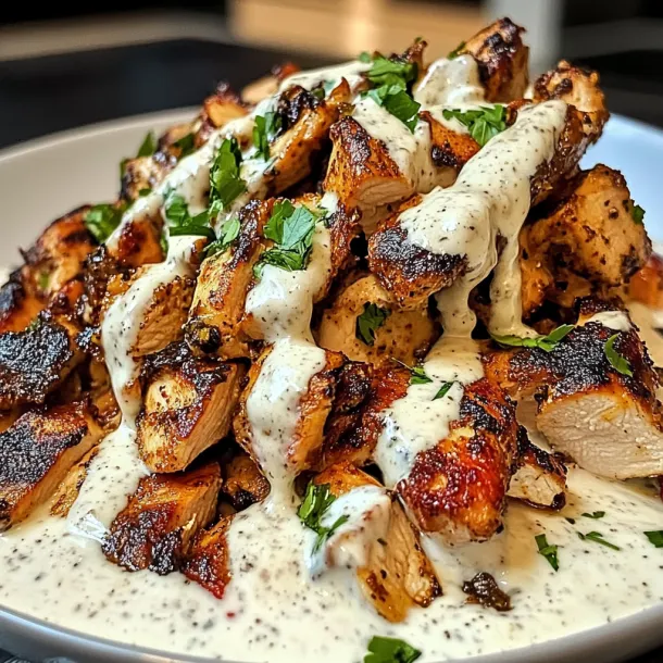 A plate of chicken with sauce on it.
