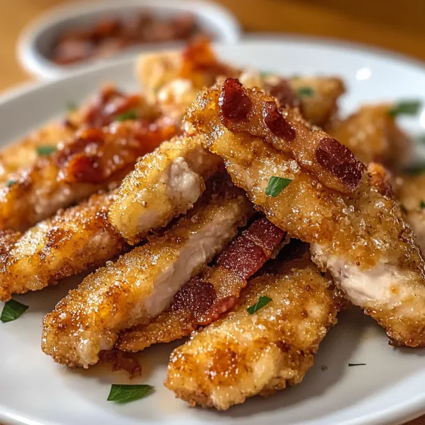 A plate of breaded meat with bacon and cheese.